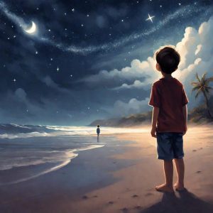 Image: celebrate remembrance - boy on beach looking at night sky (AI)